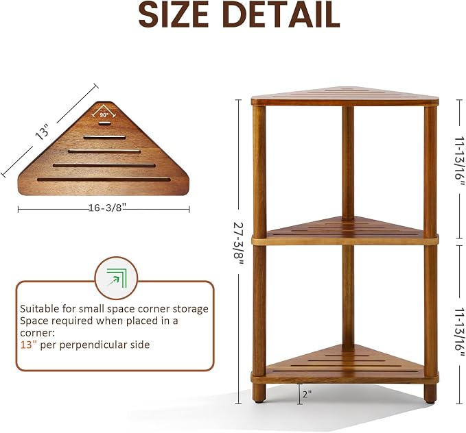 IBosins Corner Shower Shelf 3-Tier Shower Caddy Standing Bathroom for Inside Shower Stool Storage for Kitchen Livingroom Bedroom - Acacia Wood