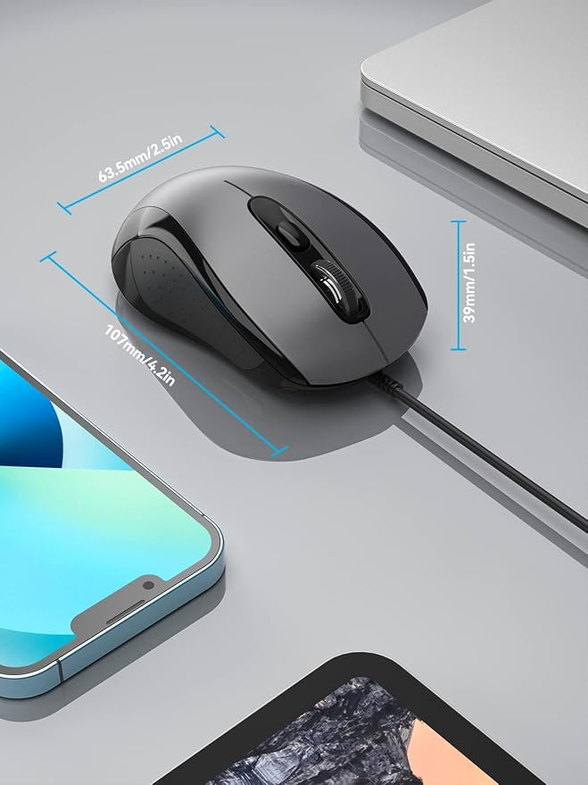 TECKNET Computer Wired Mouse, USB Mice for Laptop with 6-Button, 3600DPI Optical PC Wired Mouse, Home and Office 5FT USB-A Corded Comfortable Mice, Plug & Play, NO Battery Required- Light Grey