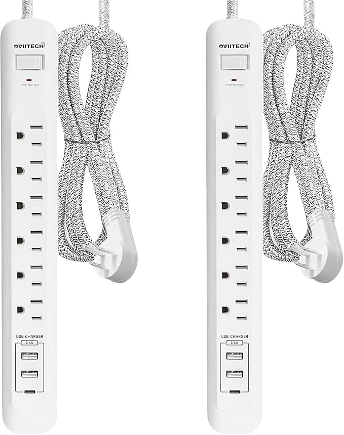 2 Pack Power Strip Surge Protector - 6 Outlets 3 USB Charging Ports (1 USB C), 10Ft Extension Cord, Flat Plug, Overload Protection, Wall Mount for Office Home, Dorm Room White