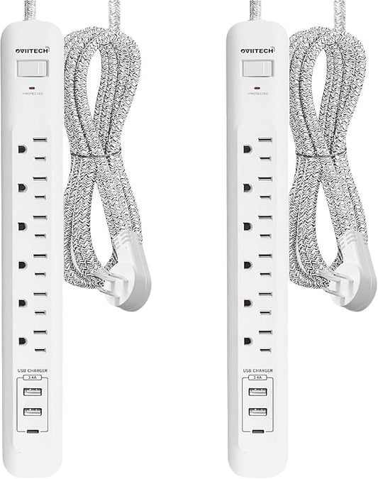 2 Pack Power Strip Surge Protector - 6 Outlets 3 USB Charging Ports (1 USB C), 10Ft Extension Cord, Flat Plug, Overload Protection, Wall Mount for Office Home, Dorm Room White