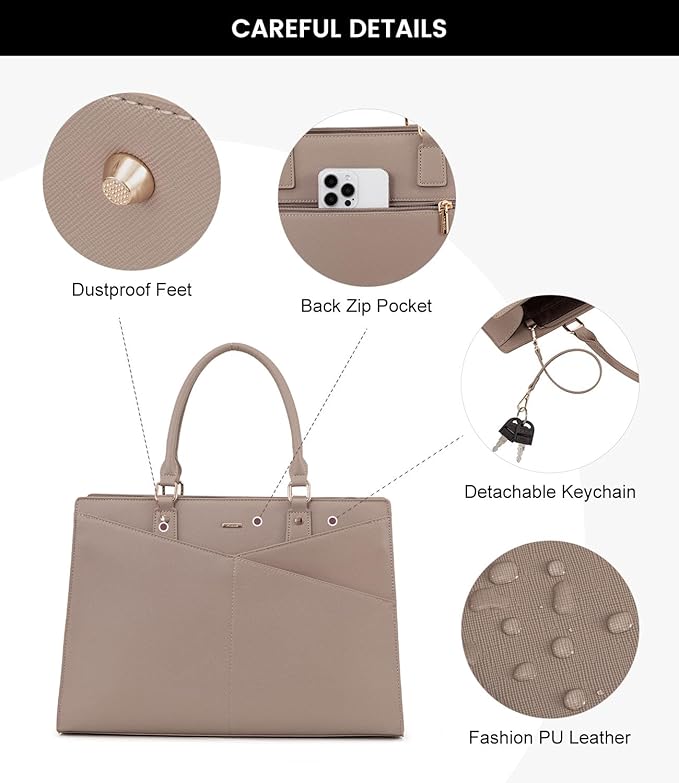LOVEVOOK Laptop Tote Bag for Women, Leather Business Office Work Bag Computer Briefcase with Small Clutch fit for 15.6 Inch Laptop,Light Khaki