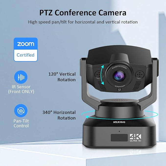 NexiGo N990 4K PTZ Zoomable Webcam, Video Conference Camera System with 5X Digital Zoom, Sony Starvis Sensor, Position Preset, Dual Stereo Mics, Audio Jacks for External Mics (Renewed)