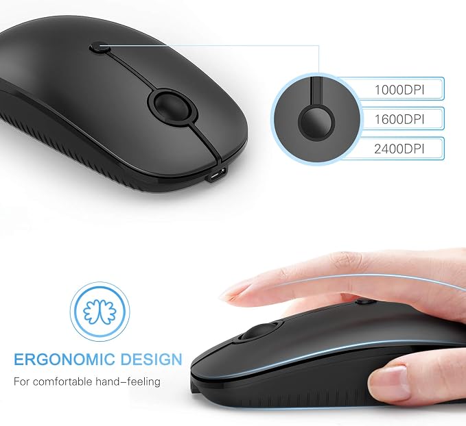 Type C Wireless Mouse，Vssoplor USB C Rechargeable Portable Quiet Laptop Mouse USB and Type C Receiver Dual Mode Mice for PC, Laptop, MacBook, Tablet-Black
