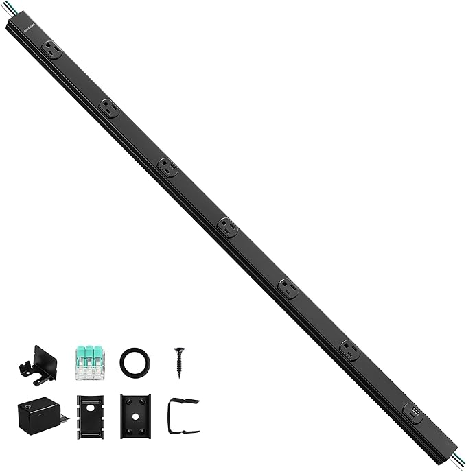 SURAIELEC Hardwired Under Cabinet Power Strip, 39.4-in, 6 Tamper Resistant Outlets with USB-A & USB-C, Customizable Length, Seamless Under Cabinet Outlet for Kitchen & Workbench, ETL Listed, Black
