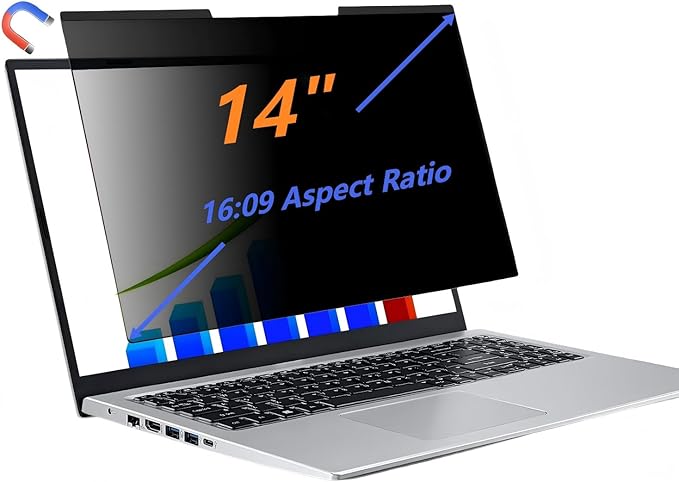 14-inch magnetic privacy screen, suitable for laptops with a 16:9 removable anti-glare filter, reduces blue light/compatible with HP, Dell, Acer, Asus, Samsung, Lenovo and other laptops.