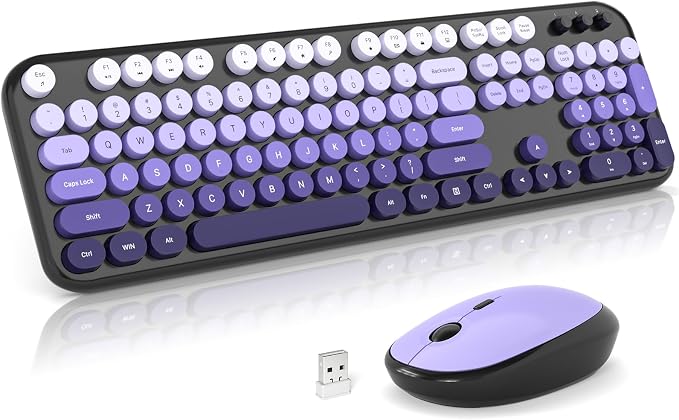 MOFII Wireless Keyboard and Mouse Combo, 2.4GHz Retro Typewriter Keyboard Full Size, Quiet Click Mouse, USB Receiver Plug and Play, for PC, Laptop, Desktop, Windows (Black Purple Gradient)