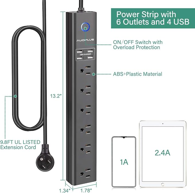 AUOPLUS 10FT Surge Protector Power Strip, 6 AC Outlets with 4 USB Ports, Long Extension Cord Flat Plug(1250W/10A/2100J) Wall Mount Power Strips for Computer Home Office Dorm - Black