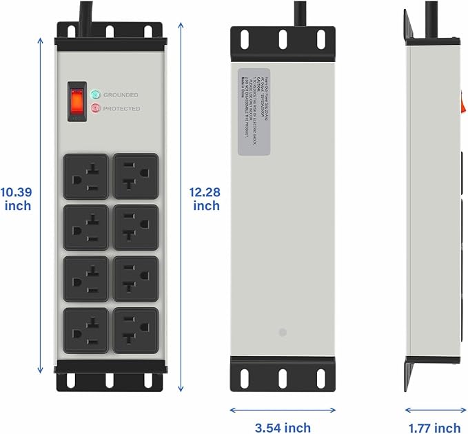 CCCEI Heavy Duty Power Strip Surge Protector 20 AMP Switch, 12 Gauge Extension Cord with Multiple Outlets, Industrial, Shop, Garage High Amp Wall Mount Electric Extender. 15FT, Grey.