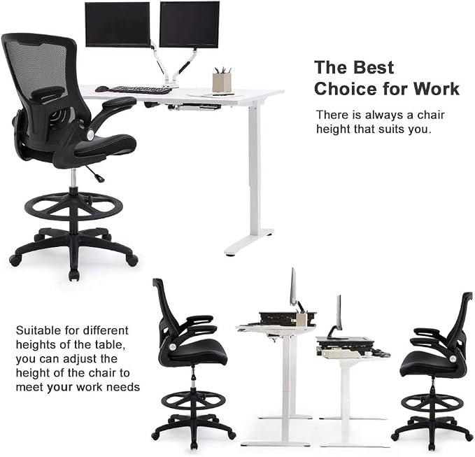 BestOffice Drafting Chair Ergonomic Tall Office Chair Standing Desk Chair with Flip Up Arms Foot Rest Back Support Adjustable Height Mesh Drafting Stool, Black
