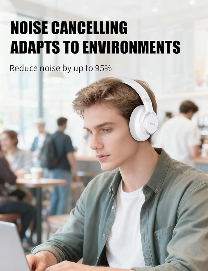 KVIDIO Hybrid Active Noise Cancelling Headphones, Wireless Bluetooth Headphones Over Ear with Mic, 70H Playtime, Transparency Mode, Hi-Fi Stereo Sound, Deep Bass Headsets for Phone PC Travel Home