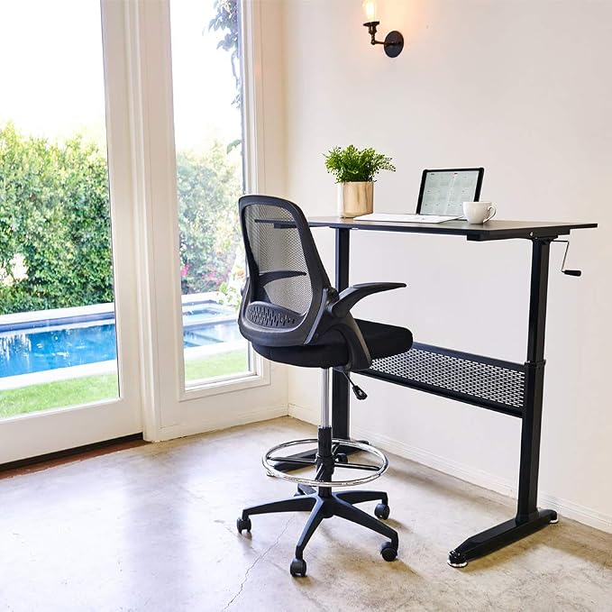 BestOffice Drafting Chair Tall Office Chair Standing Desk Chair Mesh Computer Chair Adjustable Height with Lumbar Support Flip Up Arms Swivel Rolling Executive Chair,Black