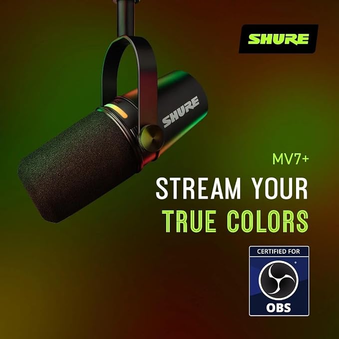 Shure MV7+ Podcast Dynamic Microphone with Stand – OBS Certified, Enhanced Audio, LED Panel, USB-C & XLR Outputs, Auto Level Mode, Digital Pop Filter – for Podcasting, Streaming, and Recording, Black