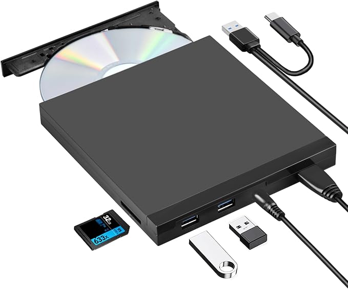 ROOFULL 5 in 1 External CD DVD Drive with USB 3.0 Ports and SD Card Slot, USB-C CD Burner DVD Player Reader Writer for Laptop Desktop PC, Windows 11/10 Laptop, Mac MacBook, Linux