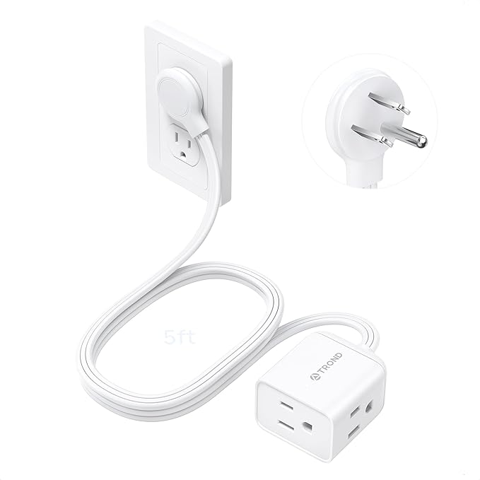 TROND Flat Plug Extension Cord 5 ft- Rightward Lower Profile Power Strip, No Blocking 3 Way Outlets, Three Prong, 1625W, Small for Tight Space Behind Furniture Indoor Home Office Cruise Travel, White