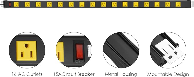 JUNNUJ Long Metal 16 Outlet Wide Spaced Garage Industrial Heavy Duty Power Strip with 15 FT Cord 15A, 125V, 1875W. Yellow