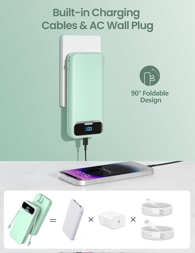 12000mAh Lightweight-Portable-Charger-Power-Bank with Built-in Cables and AC Wall Plug, PD20W USB-C Fast Charging Battery Pack, LED Display External Travel Phone Charger for All iPhone,Samsung,Android