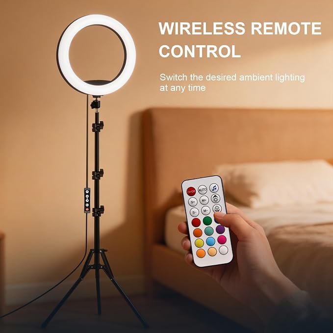 12" Selfie Ring Light with 75" Tripod Stand & 2 Phone Holder, LED Camera Ringlight with 48 RGB Colors Modes & Musical Rhythm Mode and 12 Brightness Dimmable for TikTok/Makeup/Photography/Vlog