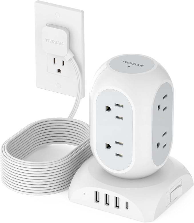 TESSAN Surge Protector Power Strip Tower, Flat Plug Extension Cord 10 Ft with 8 AC Multiple Outlets 4 USB Ports (1 USB C), 1050J Protection Desk Charging Station for Home, Office, Dorm Room, Gray
