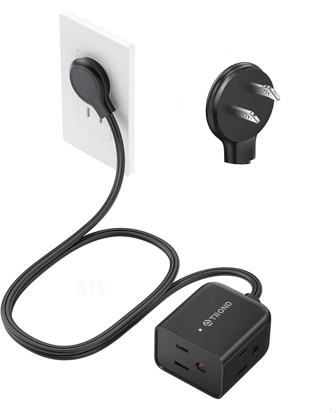 TROND Indoor 2 Prong to 3 Prong Extension Cord 3ft - Polarized Flat Plug for Behind Furniture, Small 3 Way Outlet Extender for Non-Grounded Socket in Old House Home Office Kitchen Travel, Black