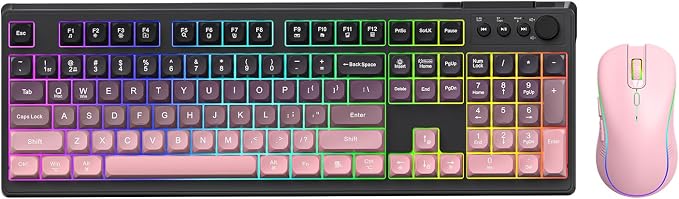 Wireless Keyboard and Mouse Combo, RGB Backlit Rechargeable 2000 mAh Battery, Wireless Computer Keyboards, Tri-Mode Bluetooth/2.4GHz/USB-C Custom Creamy Keyboard, RGB Backlit Media Knob (White-Pink)