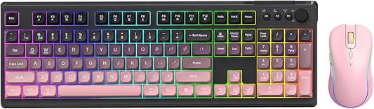 Wireless Keyboard and Mouse Combo, RGB Backlit Rechargeable 2000 mAh Battery, Wireless Computer Keyboards, Tri-Mode Bluetooth/2.4GHz/USB-C Custom Creamy Keyboard, RGB Backlit Media Knob (White-Pink)