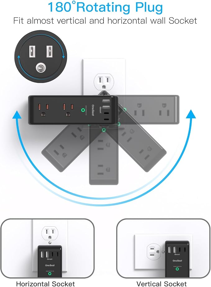 Surge Protector Outlet Extender with Rotating Plug, 6 AC Multi Plug Outlet with 4 USB Ports (2 USB C), 1800 Joules, 3-Sided Swivel Power Adapter with Spaced Outlet Splitter for Dorm, Office, Black