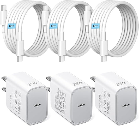 3pack Type C Charger 6FT Cable Fast Charging for iPhone 17/16/15,USB C Chargers Block 25W Super Fast for Samsung Galaxy S25/S24 S23 S22 S21/iPhone Air/17/17 Pro Max/iPhone 16/16 Pro Max/15 Pro Max