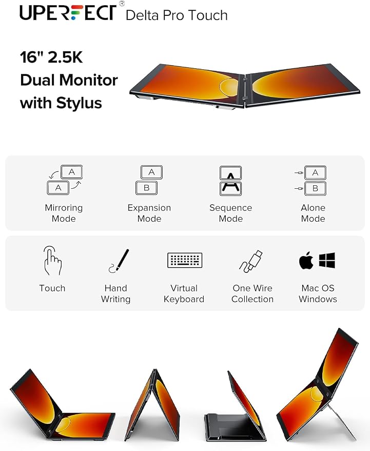 UPERFECT Delta Pro Touch Portable Monitor, 16" 2K Laptop Screen Extender, Touchscreen Dual Monitor with Stylus, First Pressure-Sensitive Touch Display, Stacked Folding Vertical Dual Screen with Stand