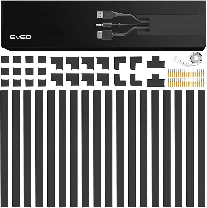 EVEO Cord Hider - 300” Cord Cover Wall Cable Hider, Cable Concealer, Wire Hiders for TV on Wall. Cable Management, Cord Hider Cable Raceway Wire Covers for Cords (Black, Medium)