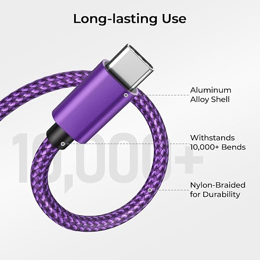 Basesailor for iPhone 17 16 Pro Max Charger Cord,USB to USB C Cable,Type C Charging Power Cord for Apple 17e 15 iPad 10 Air 4 5,Samsung Galaxy S26 S25 S24 S23,Purple,3Pack 1.5/3.3/6.6FT(0.5/1/2M)