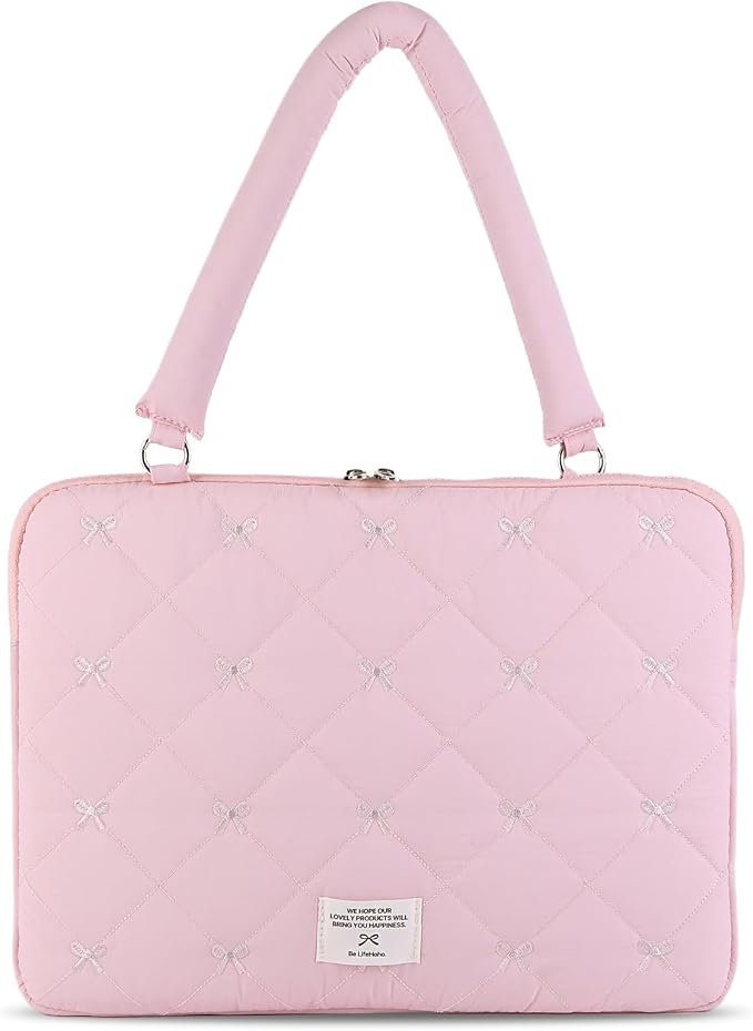 Cute Bow Laptop Case Coquette 13-15 Inch Puffy Laptop Sleeve Accessories Aesthetic Quilted Computer Bag for MacBook (Pink, 15-15.6inch)