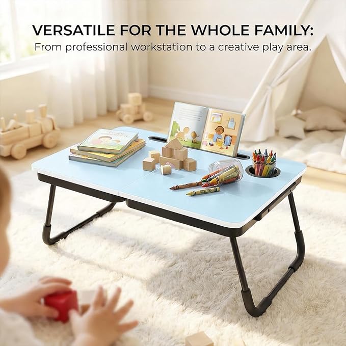 BUYIFY Foldable Laptop Bed Desk for Couch, Sofa - Large Lap Desk Tray Table with Cup Holder and Tablet Slot - Portable Notebook Stand for Eating, Writing, Studying and WFH-Light Blue-DZZ004