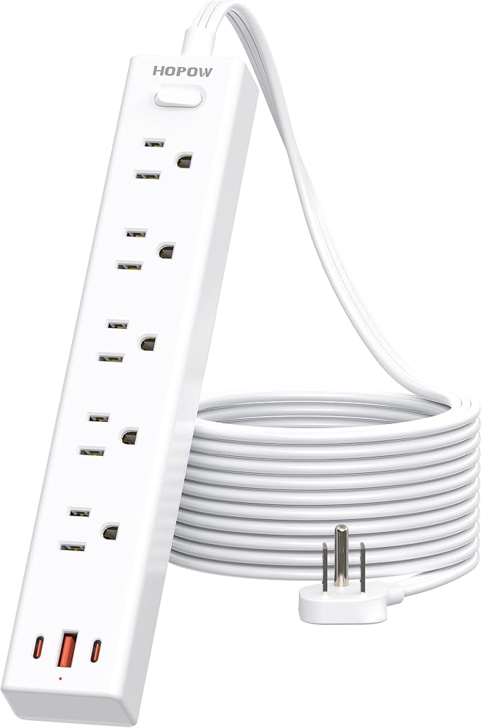 HOPOW Flat Plug Power Strip, 10 Ft Ultra Thin Flat Extension Cord, Surge Protector with 5 Outlets & 3 USB Ports (2 USB C), 1700 Joules, Wall Mount, Desktop Charging Station for Home Office Dorm, White