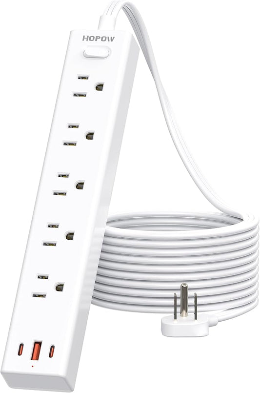 HOPOW Flat Plug Power Strip, 10 Ft Ultra Thin Flat Extension Cord, Surge Protector with 5 Outlets & 3 USB Ports (2 USB C), 1700 Joules, Wall Mount, Desktop Charging Station for Home Office Dorm, White