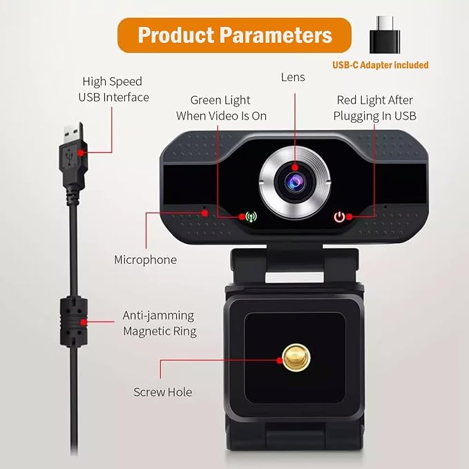 2K HD Webcam with Microphone, Noise Cancellation, Privacy Cover, Wide-Angle Lens, Auto Light Correction, Plug & Play USB Webcam for Laptop, Desktop, PC, Zoom, Skype, Stream (2K)