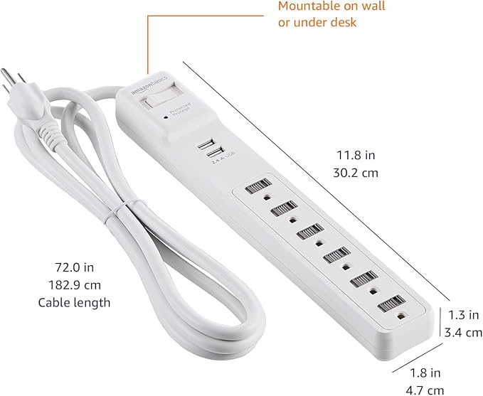 Amazon Basics Power Strip Surge Protector with 6 Outlets, 2 USB Ports, 1000 Joule Protection, 6-Foot Extension Cord, White