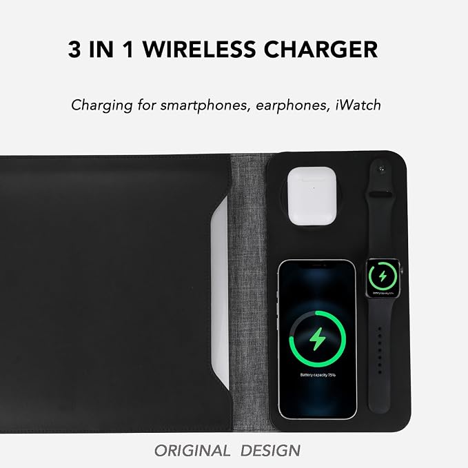 5-in-1 Laptop Sleeve with Wireless Charging for iPad MacBook Pro 12" 13" 14", Charge Mat for Phone Earbuds iWatch, Executive Office Organizer with Pocket, Waterproof Vegan Leather Case (Black)
