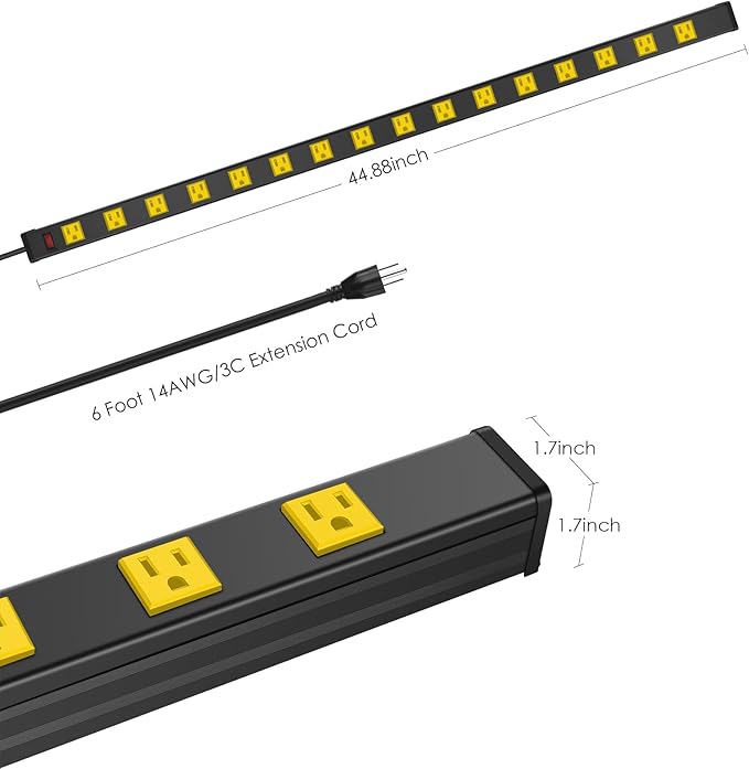 JUNNUJ Long Metal 16 Outlet Wide Spaced Garage Industrial Heavy Duty Power Strip with 6 FT Cord 15A, 125V, 1875W. Yellow
