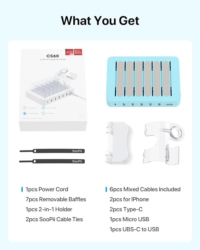 SooPii 60W 6-Port PD Charging Station for Multiple Devices, 20W PD USB C Fast Charging for lPhone 14/13/12,6 Short Cables Included, 2 in 1 Holder,for Phones,Tablets and Others…
