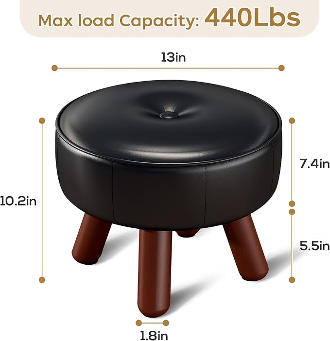 oakvivo 13in Small Foot Stool Ottoman, Round Faux Leather Foot Rest, Footstool Ottomans with Rubber Legs Under Desk, Footrest for Couch, Living Room, Bedroom, Office, 13''L x 13''W x 10.2''H, Black