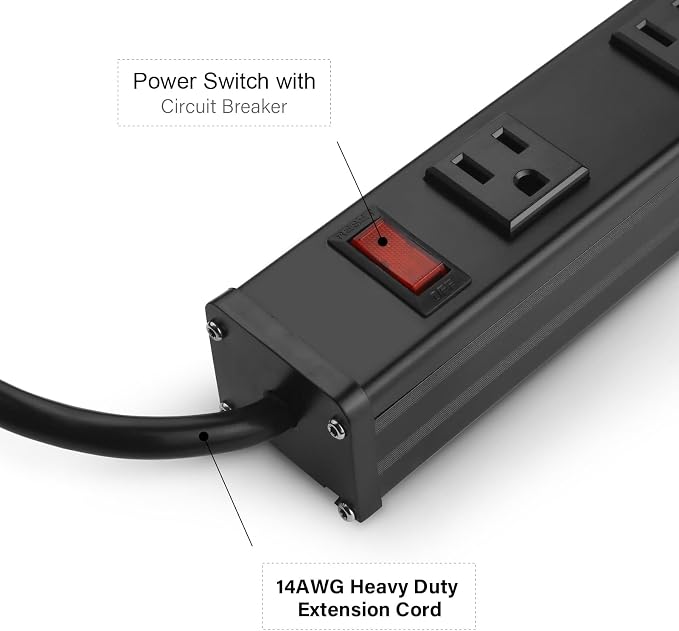 CCCEI Long Heavy Duty Metal Power Strip, 16 Outlet Large Industrial Multi Wide Strip for Garage Workshop, Extension Cord with Multiple Outlets, 15A, 125V, 1875W. 6 FT, Black.