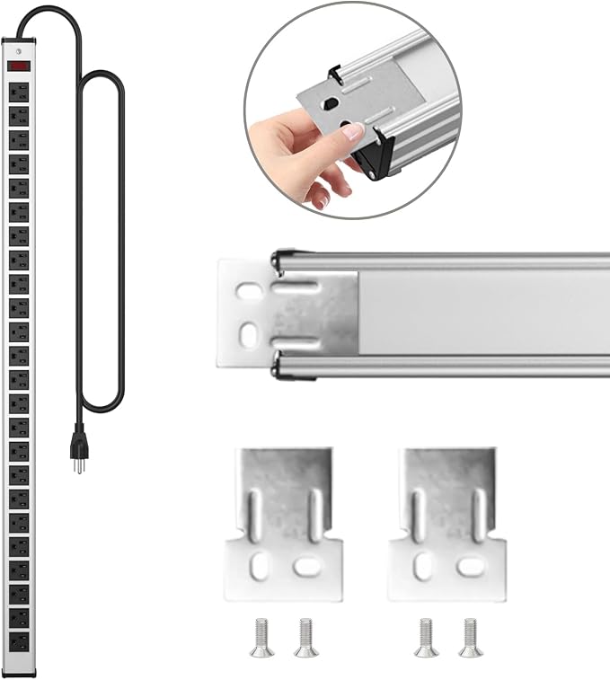 24 Oulet Long Power Strip,Heavy Duty Metal Socket Power Strip,Aluminum with 15-Foot Extension Power Cord,ETL Certified