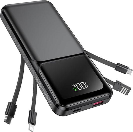 RONEGN Portable Charger with Built in Cable -20000mAh Fast Charging Power Bank USB C Slim 22.5W LED Display Battery Pack 5 Outputs & 3 Inputs for Travel Essentials iPhone Samsung Phones Black