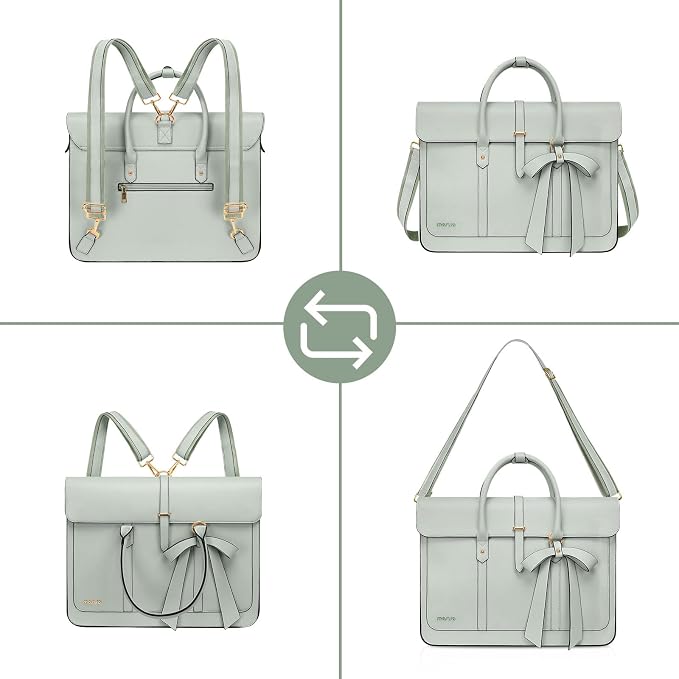 MOSISO Laptop Bag for Women, 15-15.6 inch PU Leather Laptop Shoulder Bags Convertible Backpack, 16 inch Messenger Bags Casual Handbag Work Briefcase Travel Computer Bag with Bowknot, Sage Green