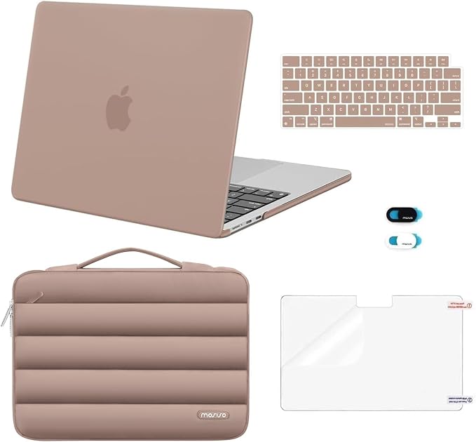 MOSISO Compatible with MacBook Air 13 inch Case M5 2026 M4 2025 M3 M2 2024-2022 A3449 A3240 A3113 A2681, Hard Case&Puffy Bag&Keyboard Cover&Webcam Cover&ScreenFilm for MacBook Air 13.6, Bronze Brown