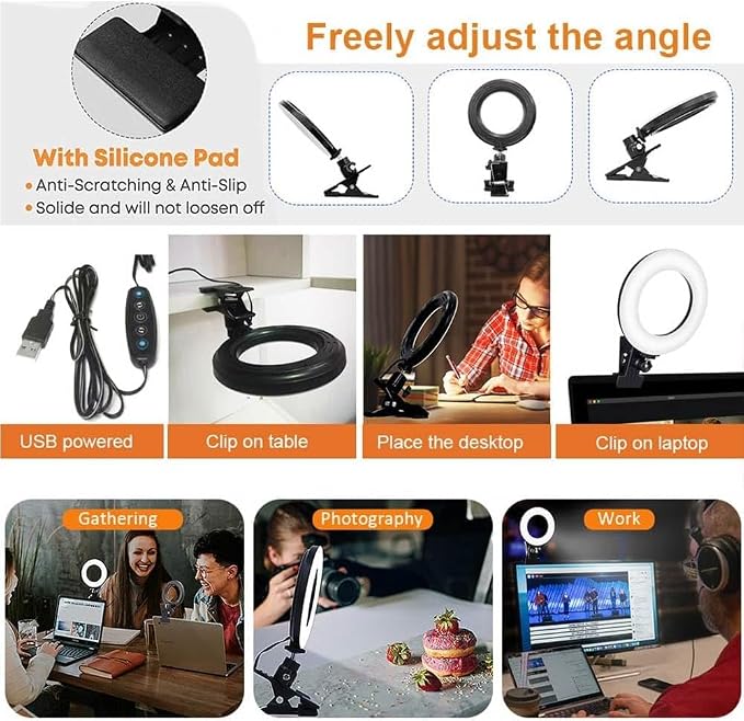 Selfila Ring Light 5 Inch USB Portable, 3200K-6500K Dimmable LED Clip on for Laptop Computer Monitor Phone, Content Creator Makeup Conference Selfie Video (White)