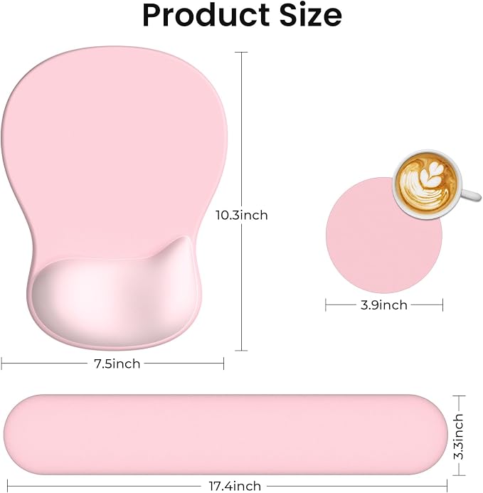AKIT Ergonomic Mouse Pad and Keyboard Wrist Rest, 3-in-1 Memory Foam Wrist Rest for Computer Keyboard, Non-Slip Base, Pain Relief, Gel Mousepad Set for Gaming, Home and Office, Pink