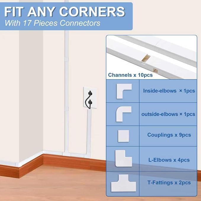 157in Cord Hider Kit, Cord Covers for Wires on Wall, Cable Hider Cord Organizer, Wire Hiders for TV on Wall, Cord Concealer, Cable Cover Wall Wire Management, 10 X L15.7 W1.18 H0.6in, White