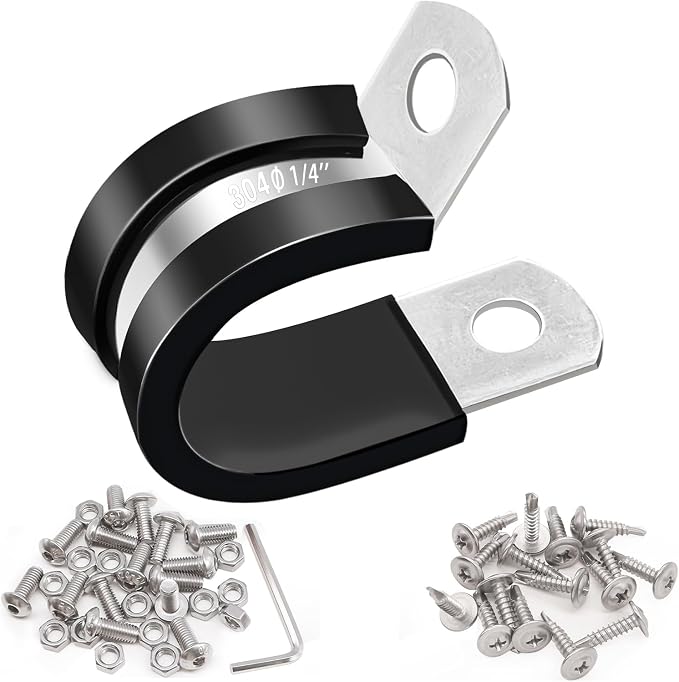 Taiss 50PCS 1/4 Inch Cable Clamps 304 Stainless Steel Rubber Cushion Insulated Pipe Clamps,Loop Clamps,Wire Clamps,Metal Clamp With two kinds of screws (6mm) F-098-6mm