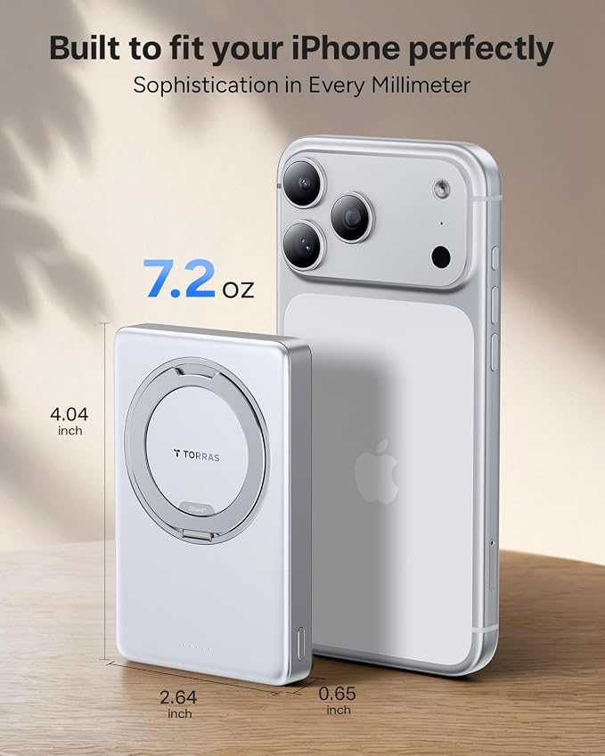 TORRAS Ostand Minimag 10000mAh Magnetic Portable Charger, 360° Rotatable Stand, 15W Wireless & 22.5W Fast Charging Battery Pack for iPhone 17/16/15/14 Pro Max Plus - White